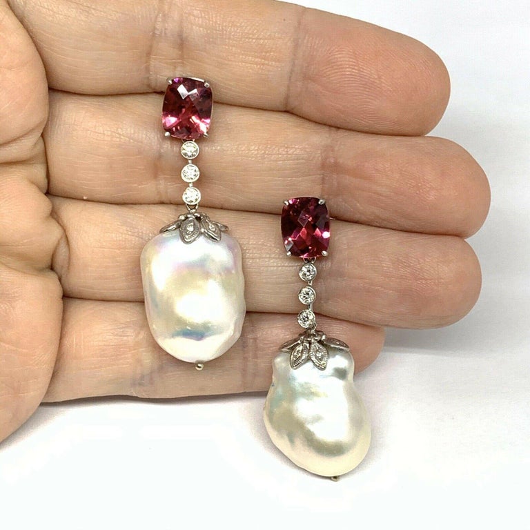 Diamond Rubellite Tourmaline Pearl Earrings 14k Gold 6.25 TCW Certified $4,950 920746 - Certified Fine Jewelry