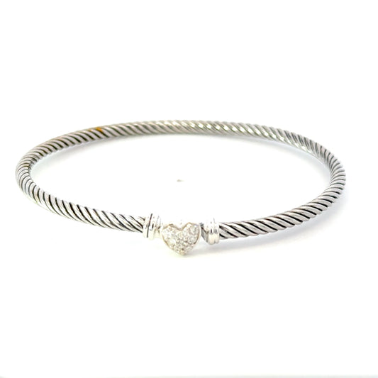 David Yurman Diamond Cuff Bracelet Size M 7.5" 3 mm Sterling Silver Estate DY642