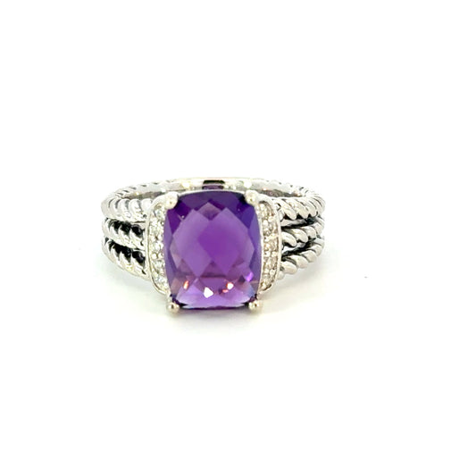 David Yurman Amethyst Diamond Ring Size 5.5 Sterling Silver Estate DY651