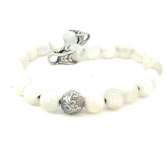 David Yurman Moonstone Engraved Bead Bracelet 8" Sterling Silver Estate DY671