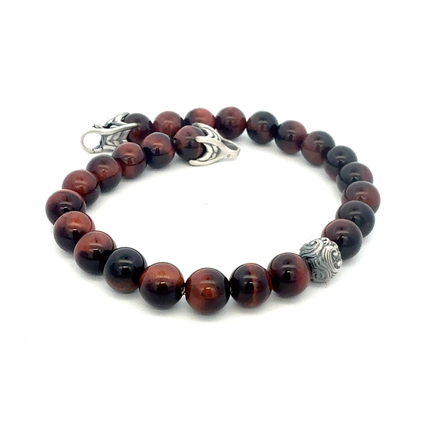 David Yurman Tiger Eye Engraved Spiritual Ball Bracelet 9" Sterling Silver Estate DY712