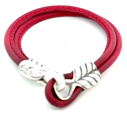 David Yurman Red Leather Bracelet 9" Sterling Silver Estate DY685