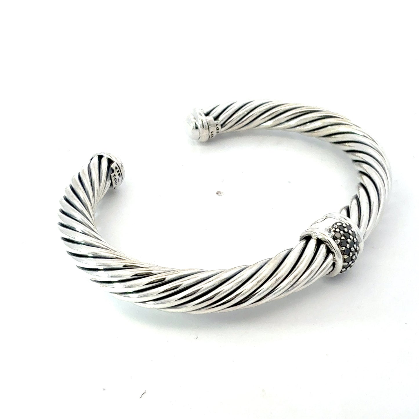 David Yurman Black Diamond Cuff Bracelet Size 7.5" Silver 7 mm Estate DY782