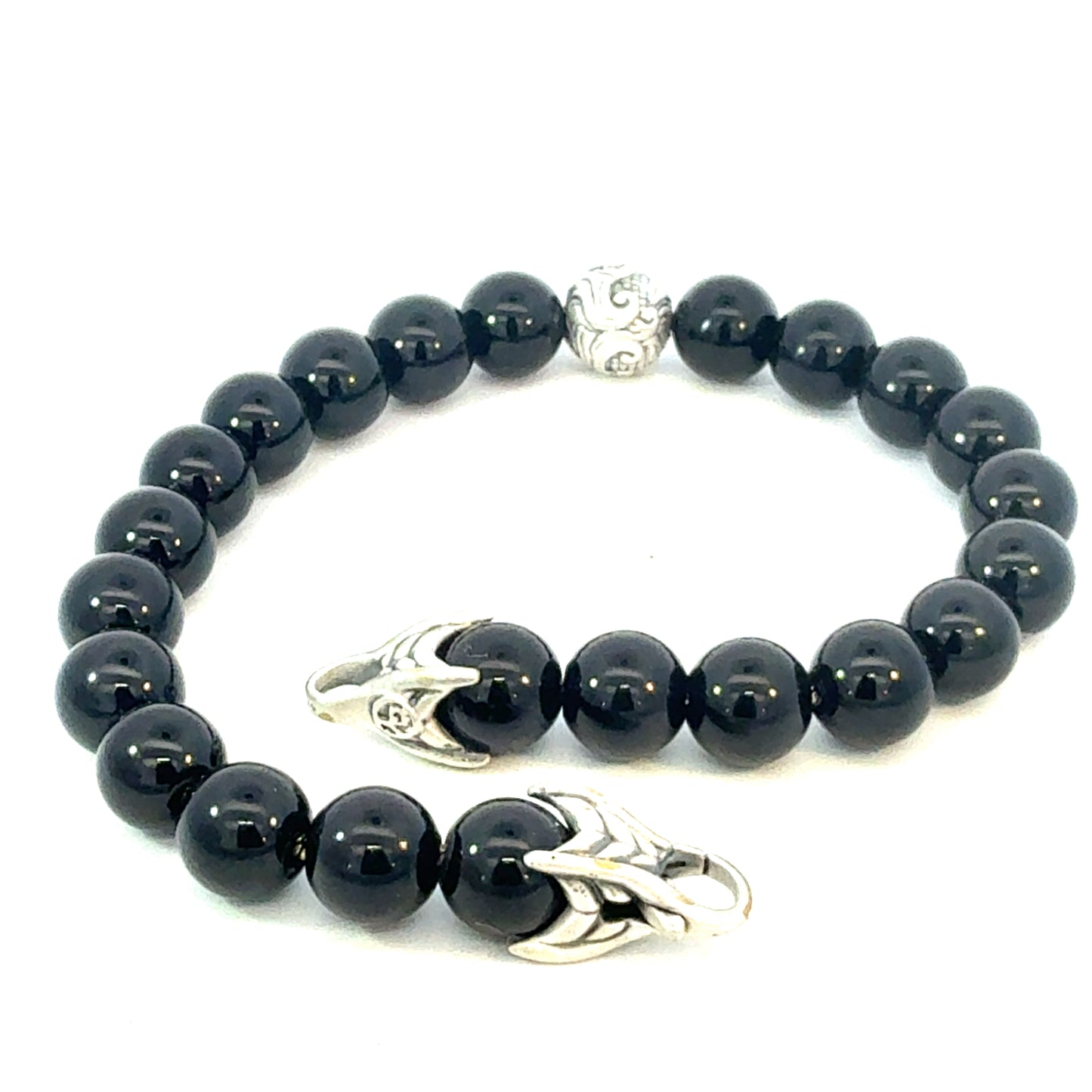 David Yurman Onyx Engraved Spiritual Beads Bracelet 8" Silver Estate DY683