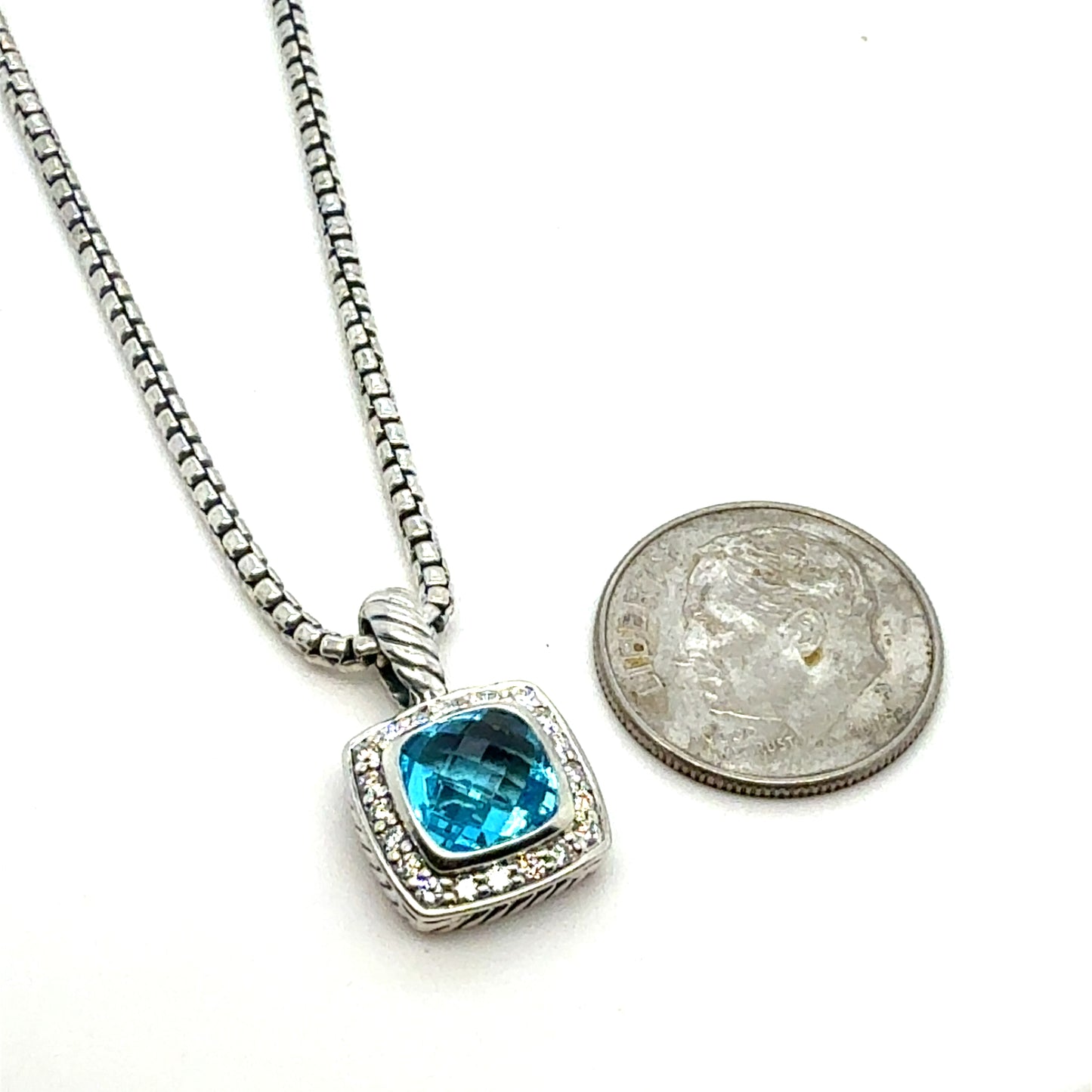 David Yurman Blue Topaz Diamond Necklace 18" Sterling Silver Estate DY806