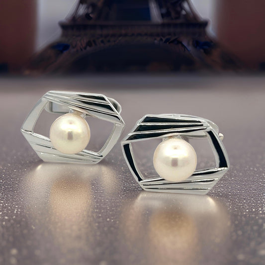 Mikimoto Estate Akoya Pearl Cufflinks Silver 7.5 mm M418