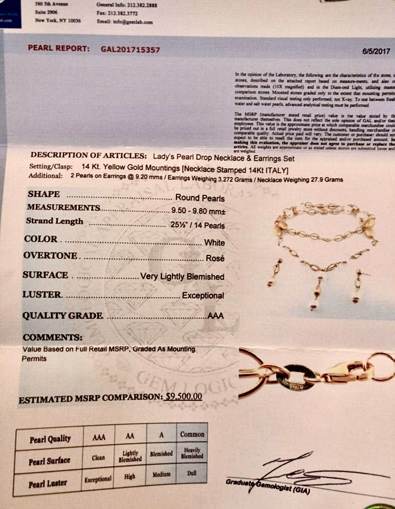 Akoya Pearl Necklace Earrings Set 9.8 mm 25.5" 14k Gold Certified $9,500 715357