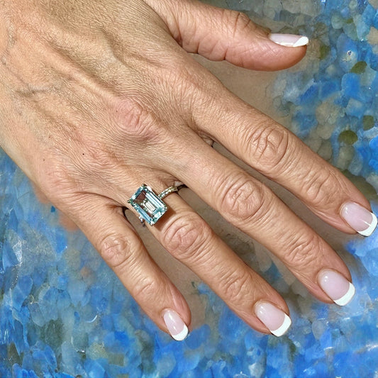 Natural Aquamarine Diamond Ring Size 6.5 14k W Gold 5.78 TCW Certified $4,795 217097 - Certified Fine Jewelry