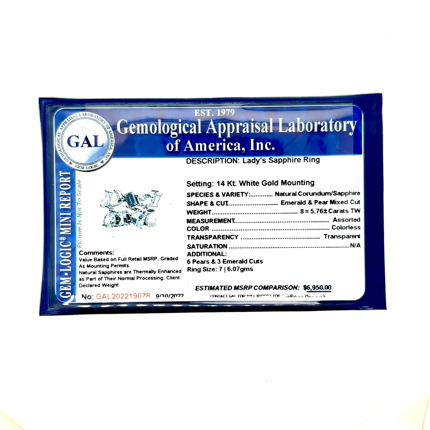 Natural Sapphire Ring Size 7 14k W Gold 5.76 TCW Certified $6,950 219078 - Certified Fine Jewelry