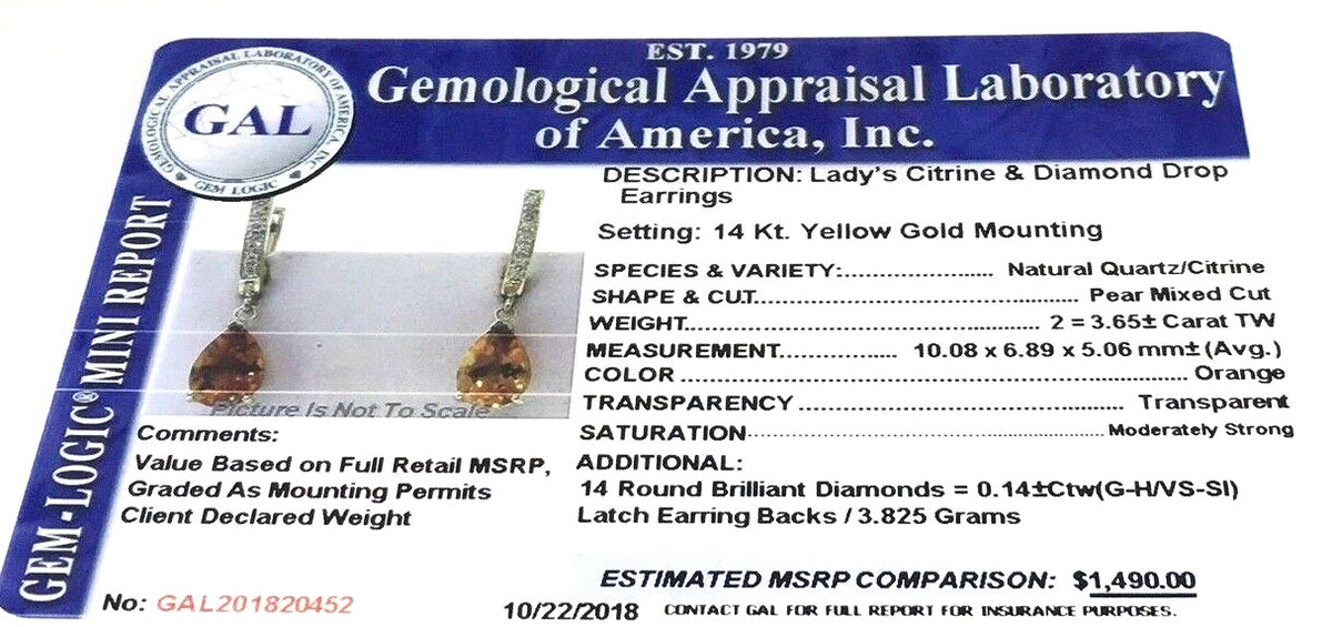 Citrine Diamond Earrings 14k Gold 3.79 TCW Women Certified $1,490 820452 - Certified Fine Jewelry