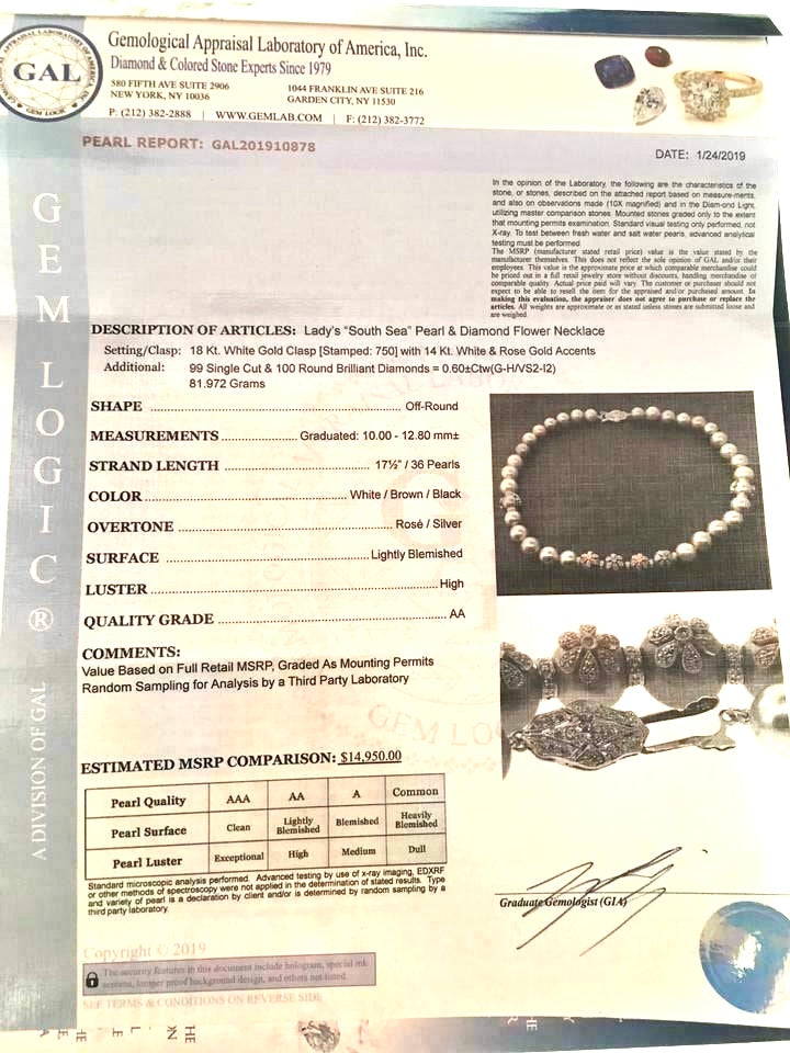 Diamond South Sea Pearl Necklace 12.80 mm 17.5" Certified $14,950 910878 - Certified Fine Jewelry