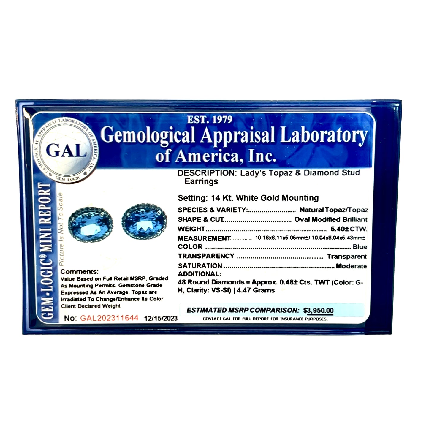 Natural Topaz Diamond Stud Earrings 14k W Gold 6.98 TCW Certified $3,950 311644