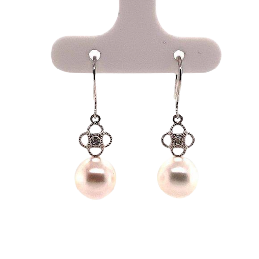 Diamond Akoya Pearl Earrings 14 KT White Gold 9.22 mm Certified $990 017530 - Certified Fine Jewelry