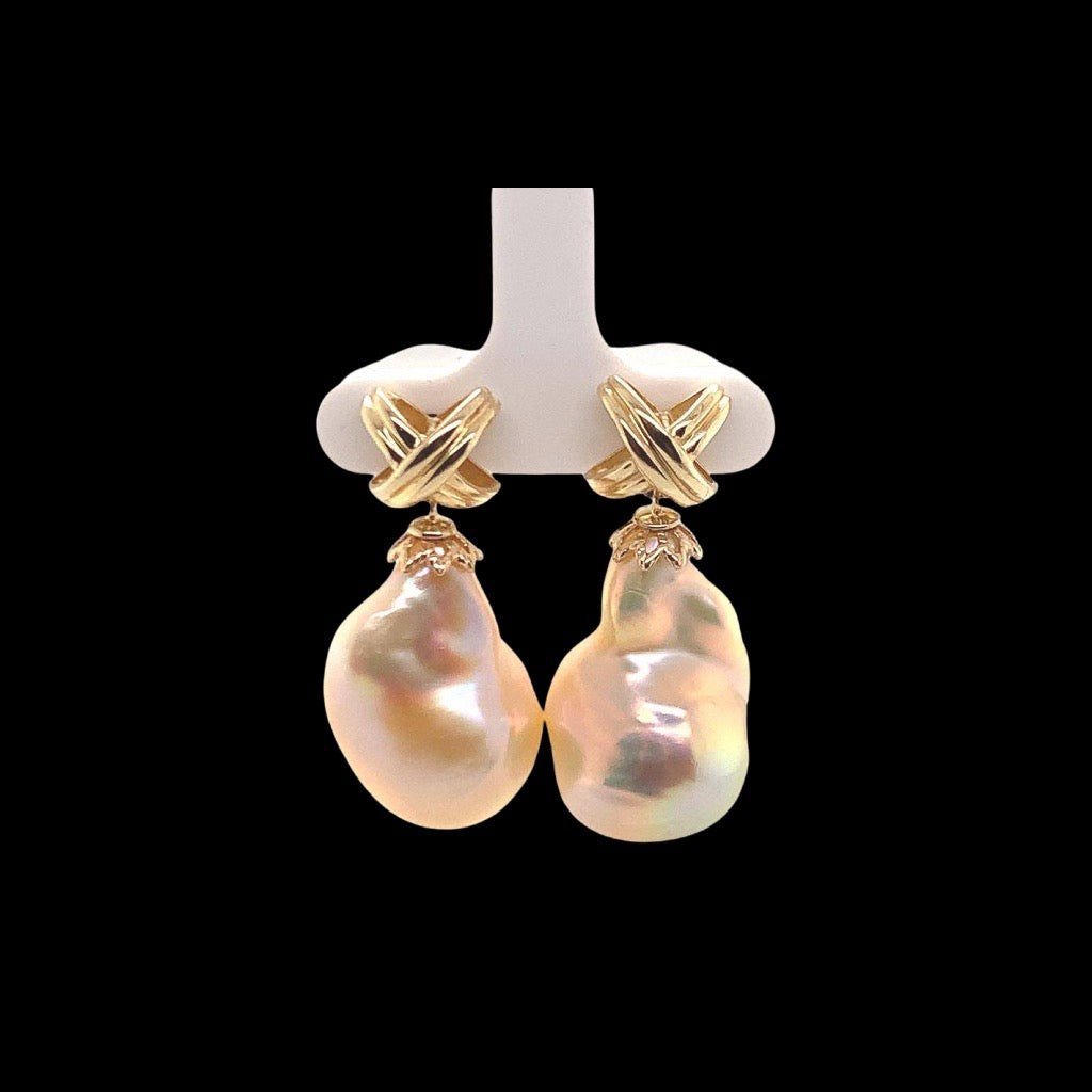 Freshwater Pearl Earrings 14k Yellow Gold 25 mm Certified $1,290 920920 - Certified Fine Jewelry