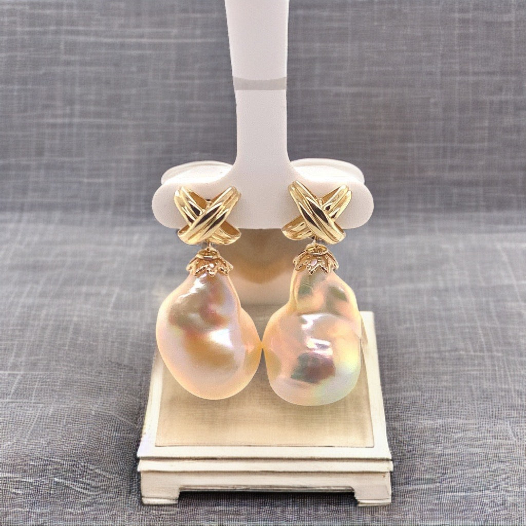 Freshwater Pearl Earrings 14k Yellow Gold 25 mm Certified $1,290 920920 - Certified Fine Jewelry