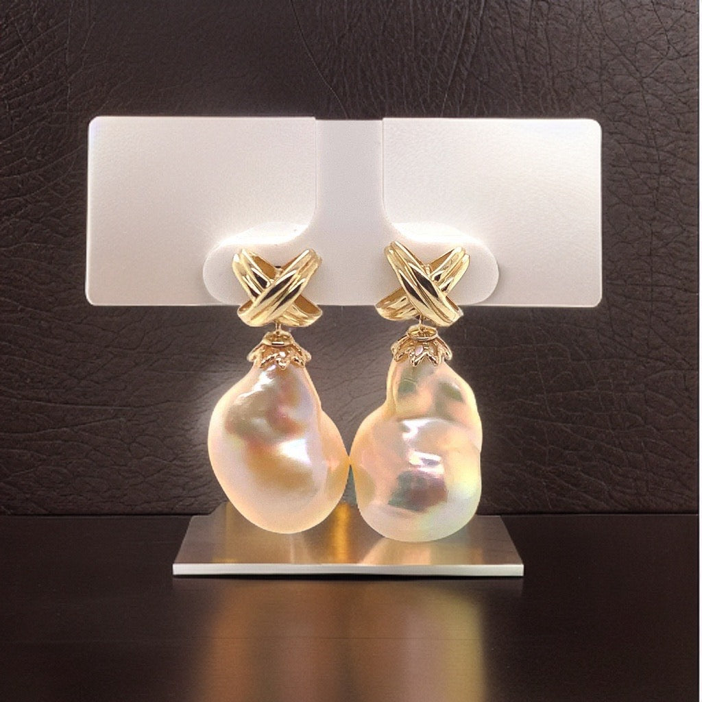 Freshwater Pearl Earrings 14k Yellow Gold 25 mm Certified $1,290 920920 - Certified Fine Jewelry