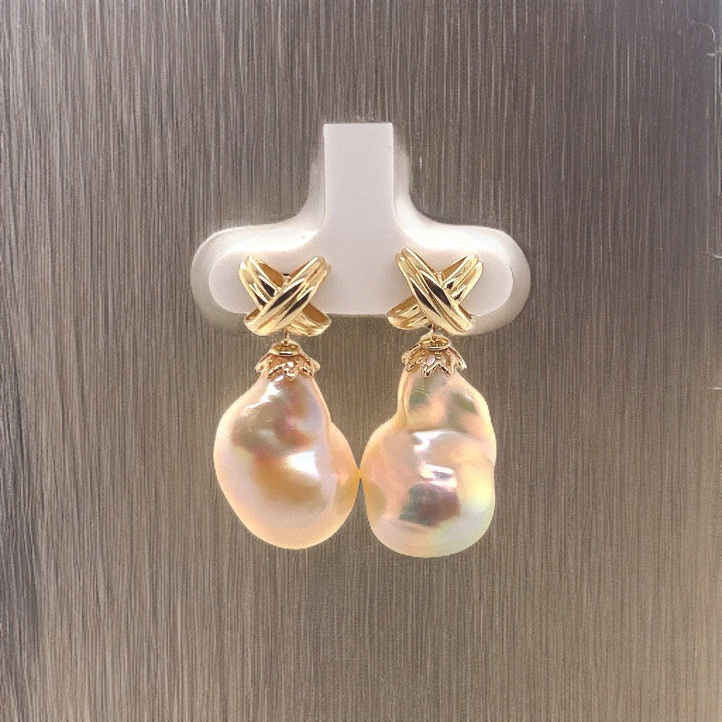 Freshwater Pearl Earrings 14k Yellow Gold 25 mm Certified $1,290 920920 - Certified Fine Jewelry