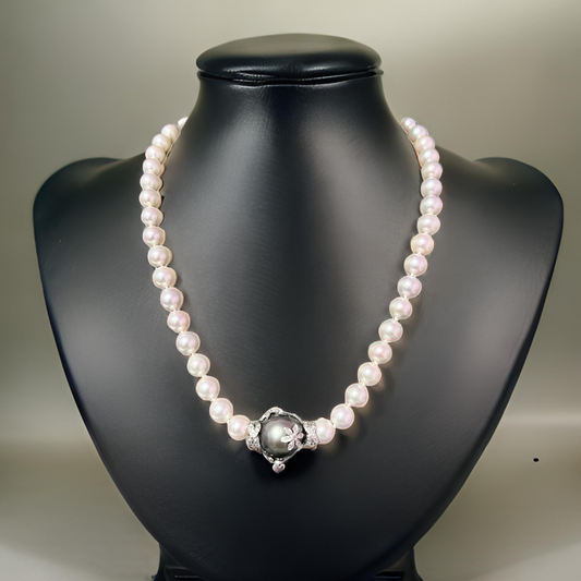 Akoya & Tahitian Pearl Necklace with Diamond 17" 14k W Gold Certified $8,975 402675