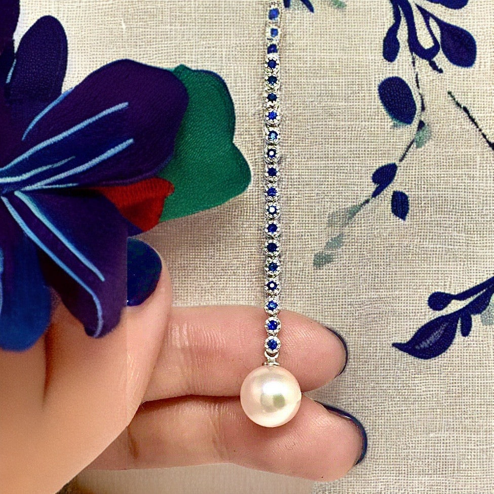 Large Akoya Pearl Sapphire Earrings 14k Gold 8.7 mm Certified $3,450 816594 - Certified Fine Jewelry