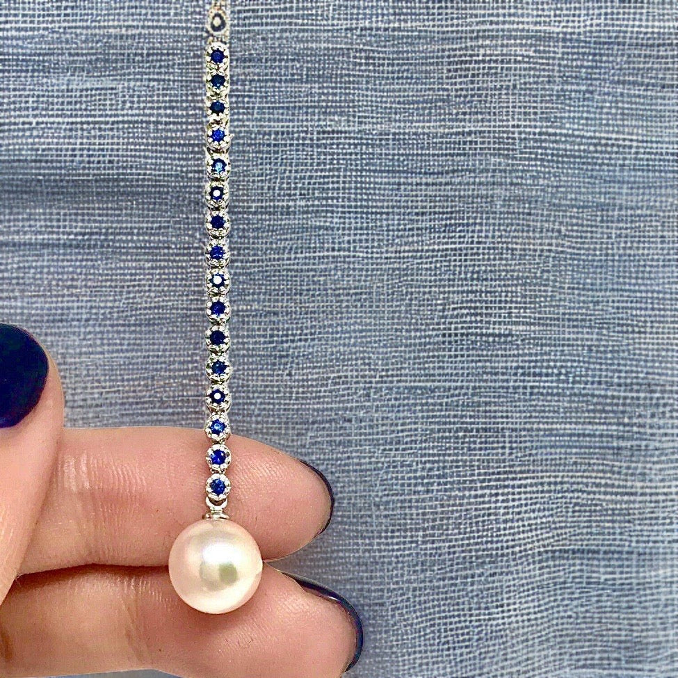 Large Akoya Pearl Sapphire Earrings 14k Gold 8.7 mm Certified $3,450 816594 - Certified Fine Jewelry