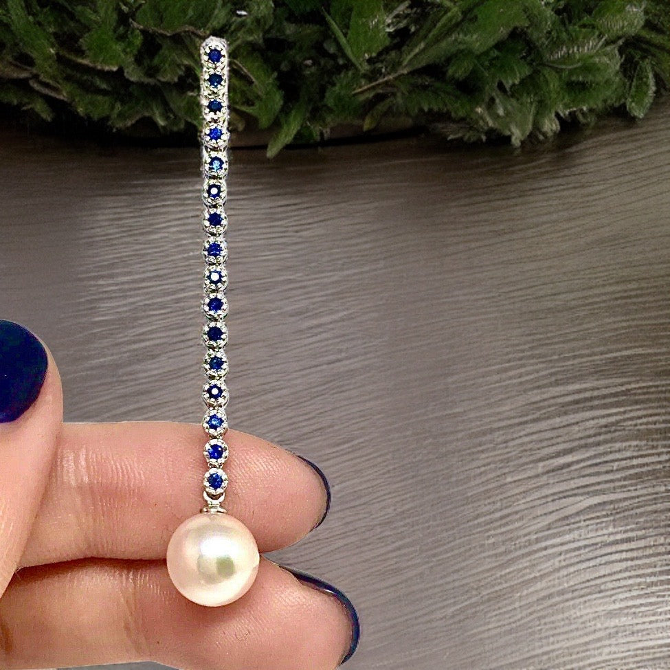 Large Akoya Pearl Sapphire Earrings 14k Gold 8.7 mm Certified $3,450 816594 - Certified Fine Jewelry