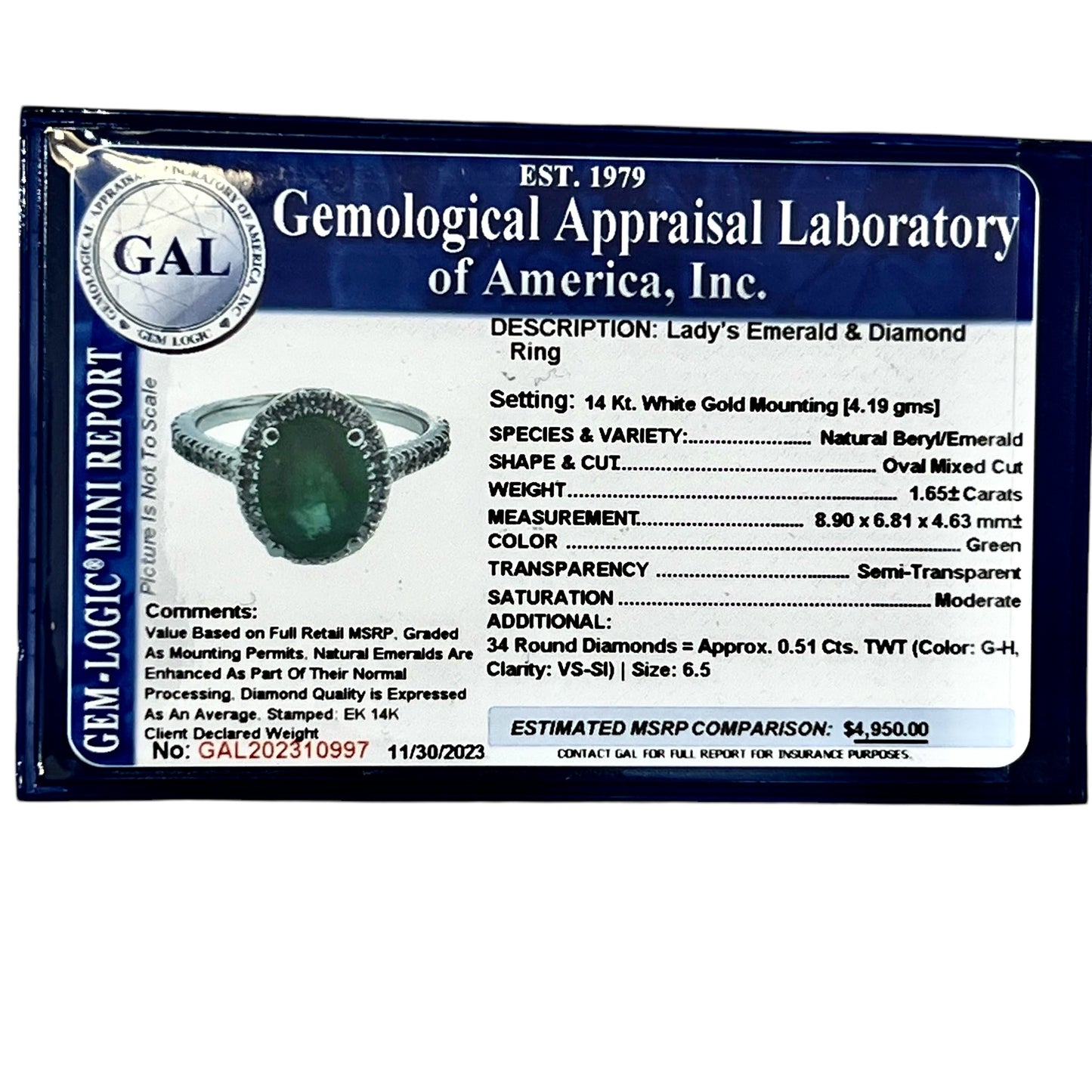 Natural Emerald Diamond Ring Size 6.5 14k White Gold 2.16 TCW Certified $4,950 310997