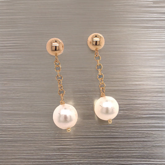 Akoya Pearl Dangle Earrings 1.25" 14k Gold 8.19 mm Certified $990 017542 - Certified Fine Jewelry