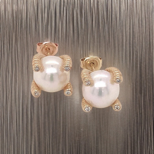 Diamond Akoya Pearl Earrings 14k Yellow Gold 9.35 mm Certified $2,950 017786 - Certified Fine Jewelry