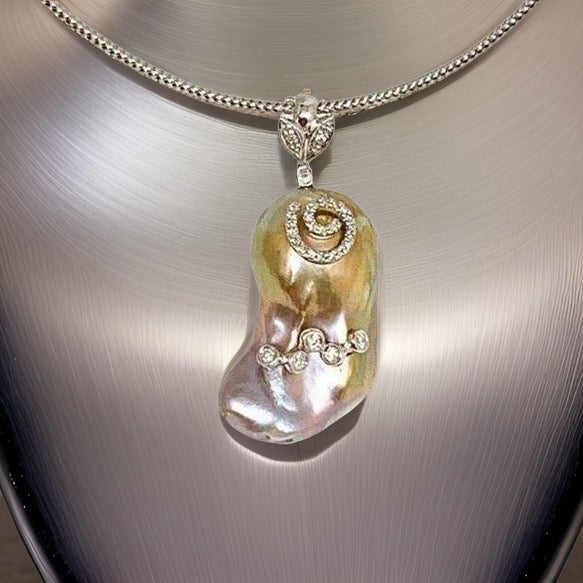 Diamond Fresh Water Pearl Necklace Baroque 14k Gold Italy Certified $3,950 914368 - Certified Fine Jewelry
