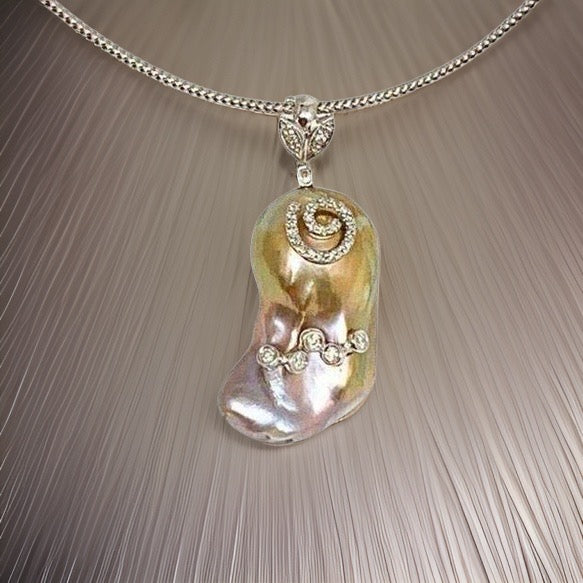 Diamond Fresh Water Pearl Necklace Baroque 14k Gold Italy Certified $3,950 914368 - Certified Fine Jewelry