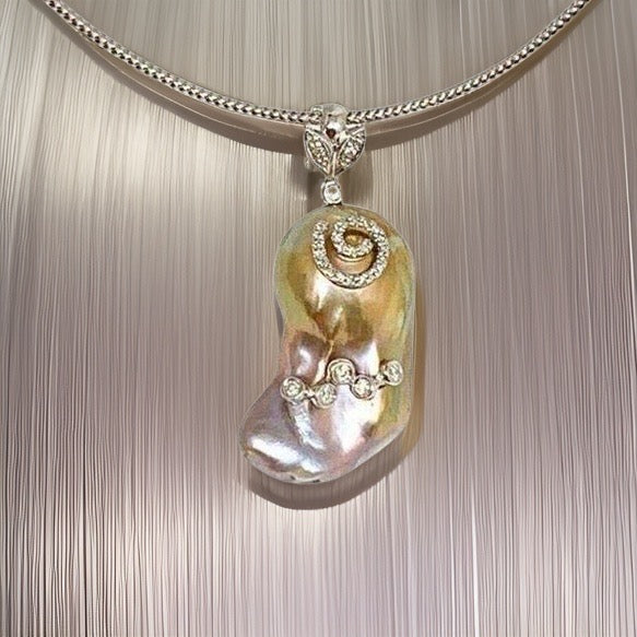 Diamond Fresh Water Pearl Necklace Baroque 14k Gold Italy Certified $3,950 914368 - Certified Fine Jewelry