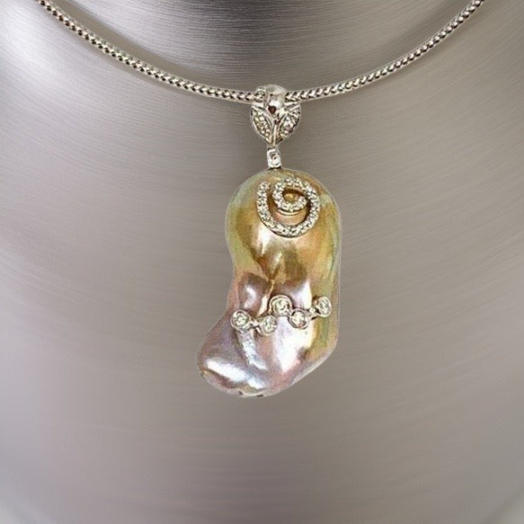 Diamond Fresh Water Pearl Necklace Baroque 14k Gold Italy Certified $3,950 914368 - Certified Fine Jewelry