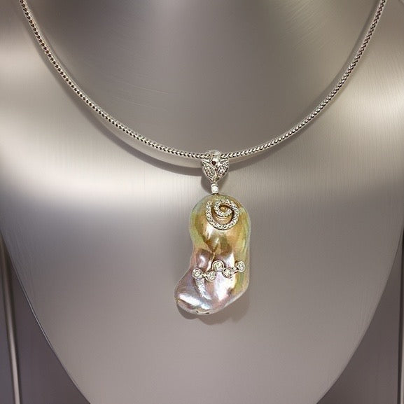 Diamond Fresh Water Pearl Necklace Baroque 14k Gold Italy Certified $3,950 914368 - Certified Fine Jewelry