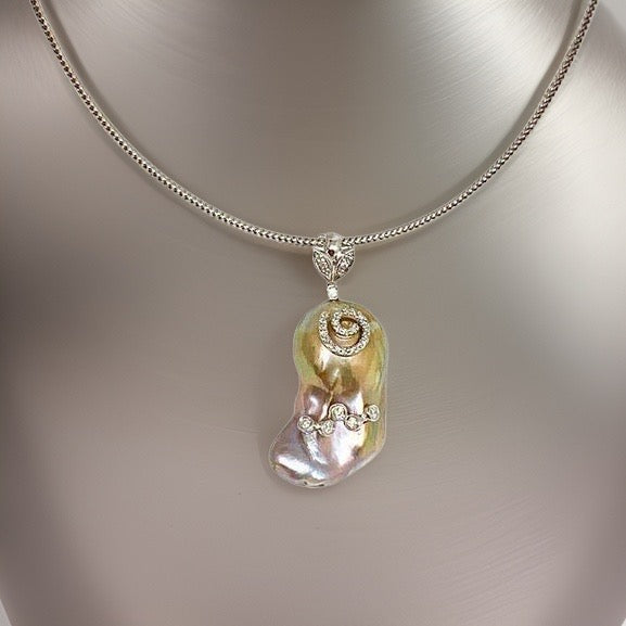 Diamond Fresh Water Pearl Necklace Baroque 14k Gold Italy Certified $3,950 914368 - Certified Fine Jewelry