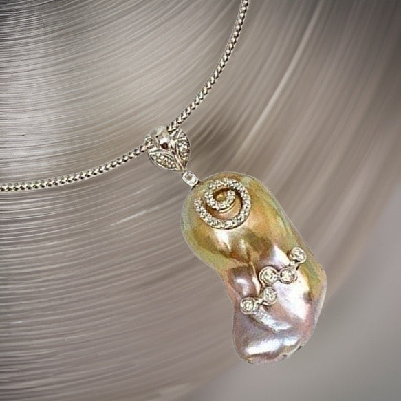 Diamond Fresh Water Pearl Necklace Baroque 14k Gold Italy Certified $3,950 914368 - Certified Fine Jewelry