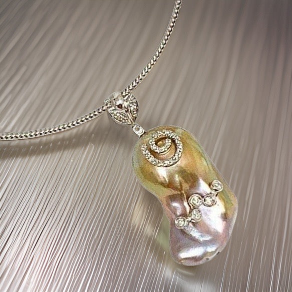Diamond Fresh Water Pearl Necklace Baroque 14k Gold Italy Certified $3,950 914368 - Certified Fine Jewelry