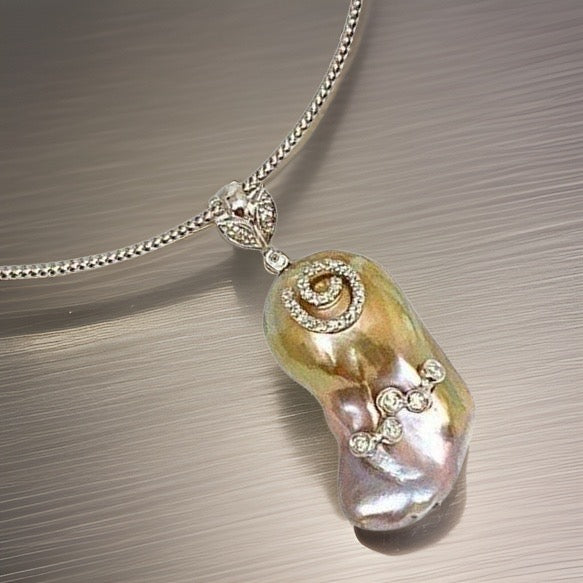 Diamond Fresh Water Pearl Necklace Baroque 14k Gold Italy Certified $3,950 914368 - Certified Fine Jewelry