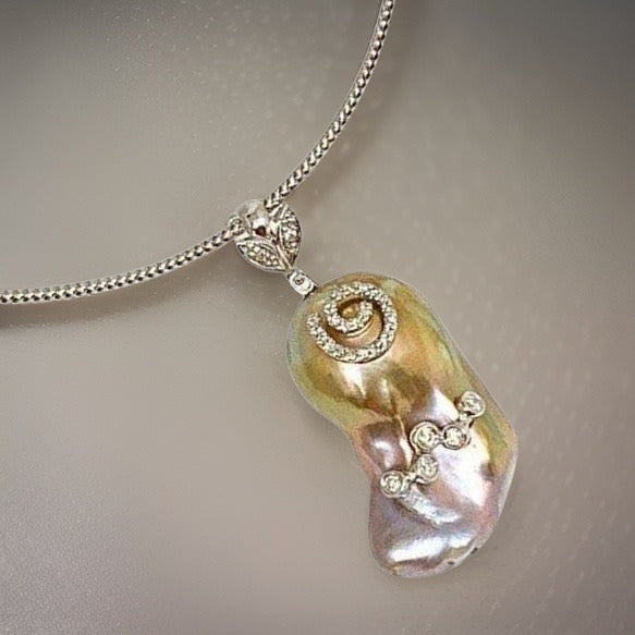 Diamond Fresh Water Pearl Necklace Baroque 14k Gold Italy Certified $3,950 914368 - Certified Fine Jewelry