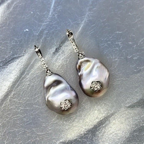 Diamond Large Freshwater Pearl Earrings 14k Gold 23.2 mm Certified $1,950 914371 - Certified Fine Jewelry