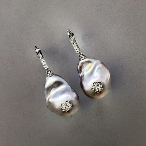 Diamond Large Freshwater Pearl Earrings 14k Gold 23.2 mm Certified $1,950 914371 - Certified Fine Jewelry