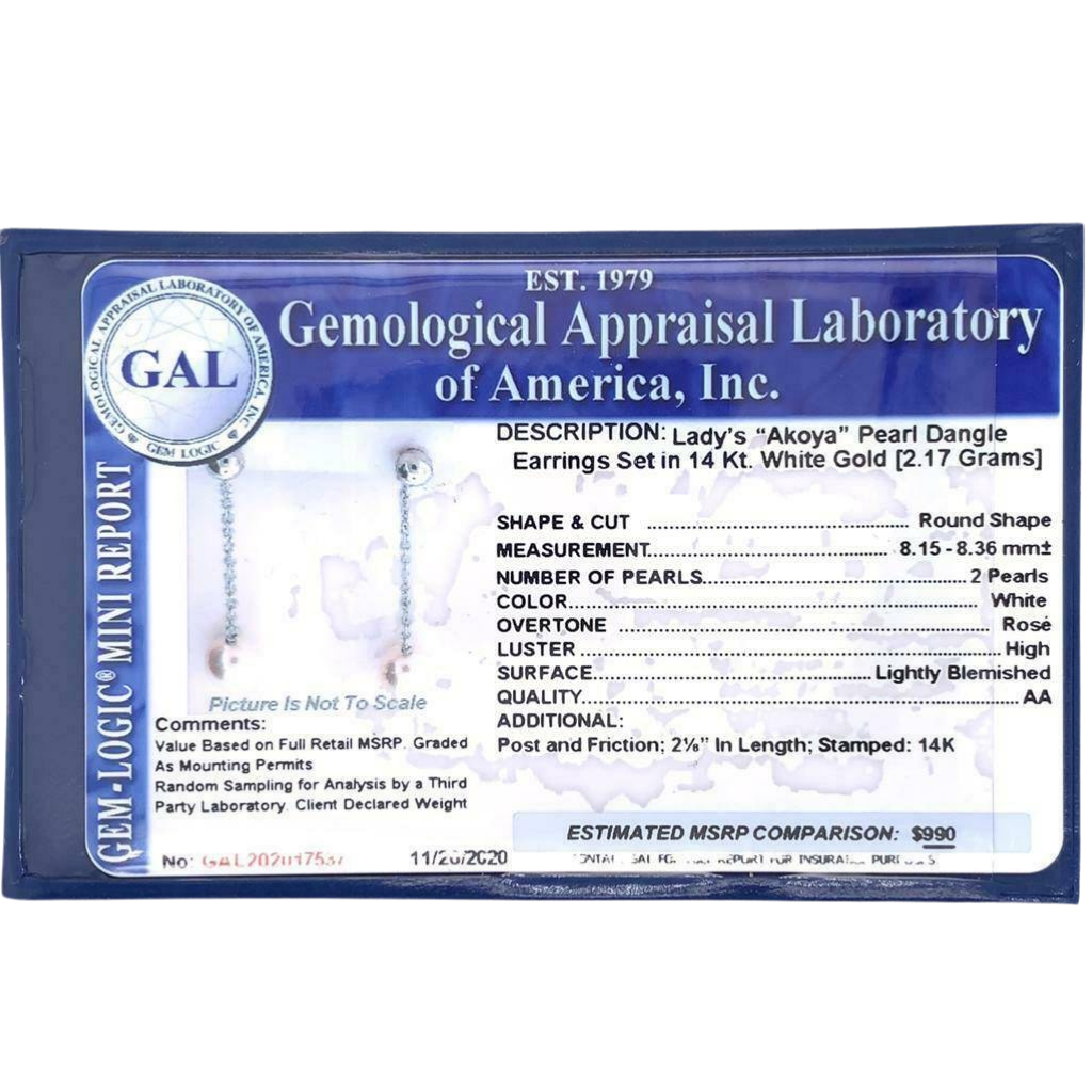 Akoya Pearl Earrings 14 KT White Gold 8.36 mm Certified $990 017537 - Certified Fine Jewelry