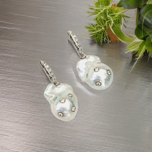 Diamond Fresh Water Pearl Earrings 14k Gold Large 13 mm Certified $4,950 915985 - Certified Fine Jewelry