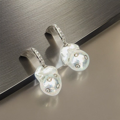 Diamond Fresh Water Pearl Earrings 14k Gold Large 13 mm Certified $4,950 915985 - Certified Fine Jewelry