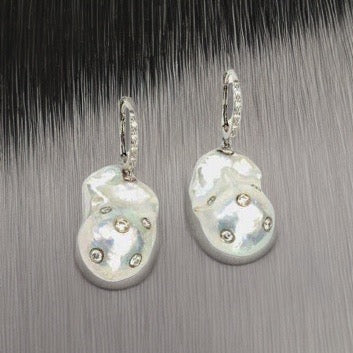 Diamond Fresh Water Pearl Earrings 14k Gold Large 13 mm Certified $4,950 915985 - Certified Fine Jewelry