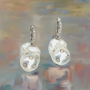 Diamond Fresh Water Pearl Earrings 14k Gold Large 13 mm Certified $4,950 915985 - Certified Fine Jewelry