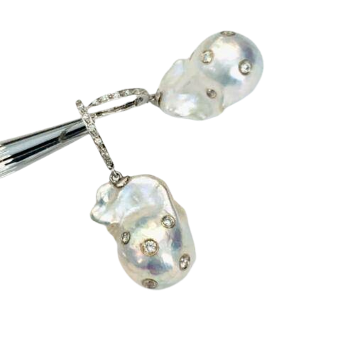 Diamond Fresh Water Pearl Earrings 14k Gold Large 13 mm Certified $4,950 915985 - Certified Fine Jewelry