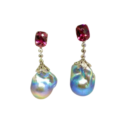 Diamond Rubellite Tourmaline Pearl Earrings 14k Gold 6.25TCW Certified $4,950 920747 - Certified Fine Jewelry