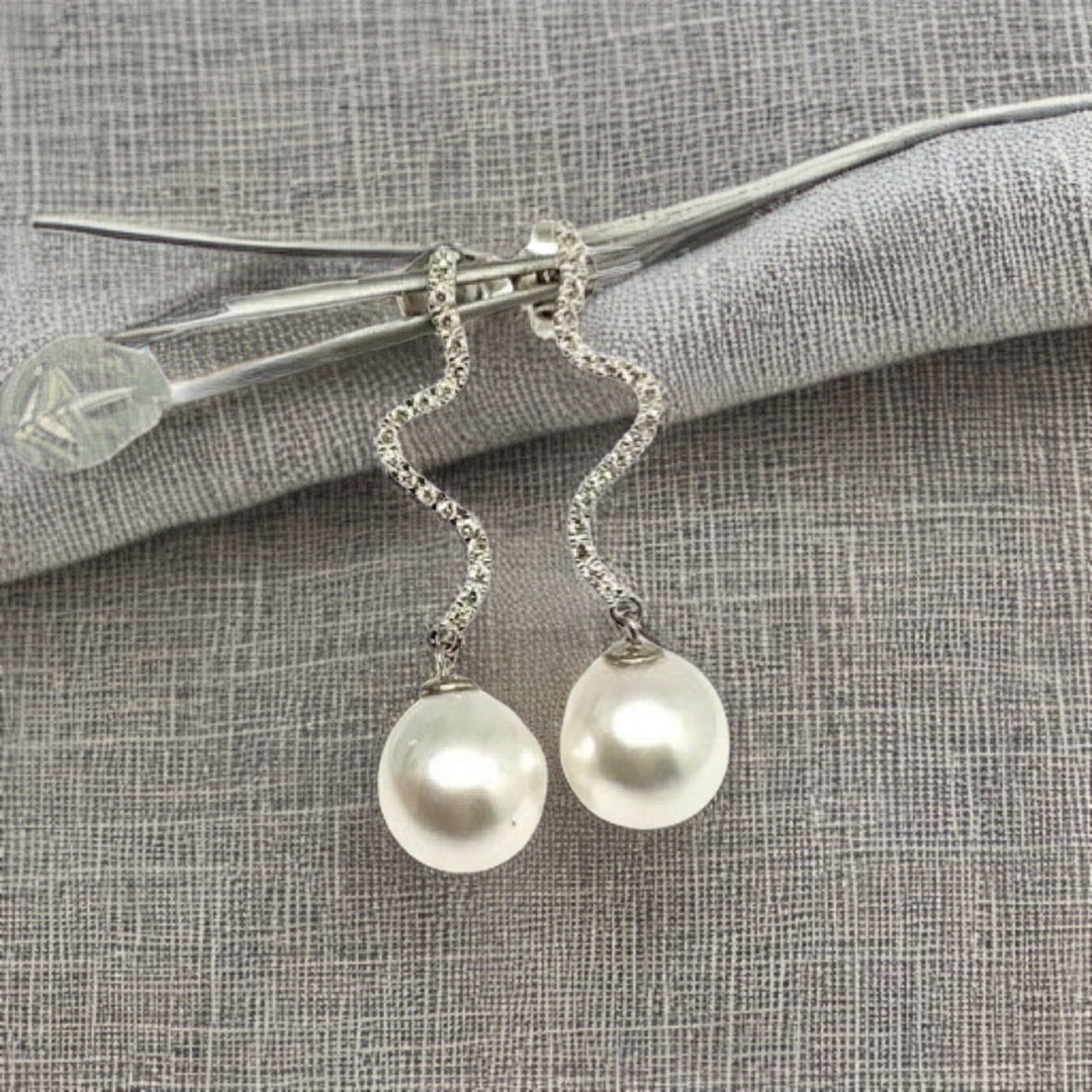Diamond South Sea Pearl Earrings 14k Gold Large 11.00 mm Certified $4,950 913484 - Certified Fine Jewelry