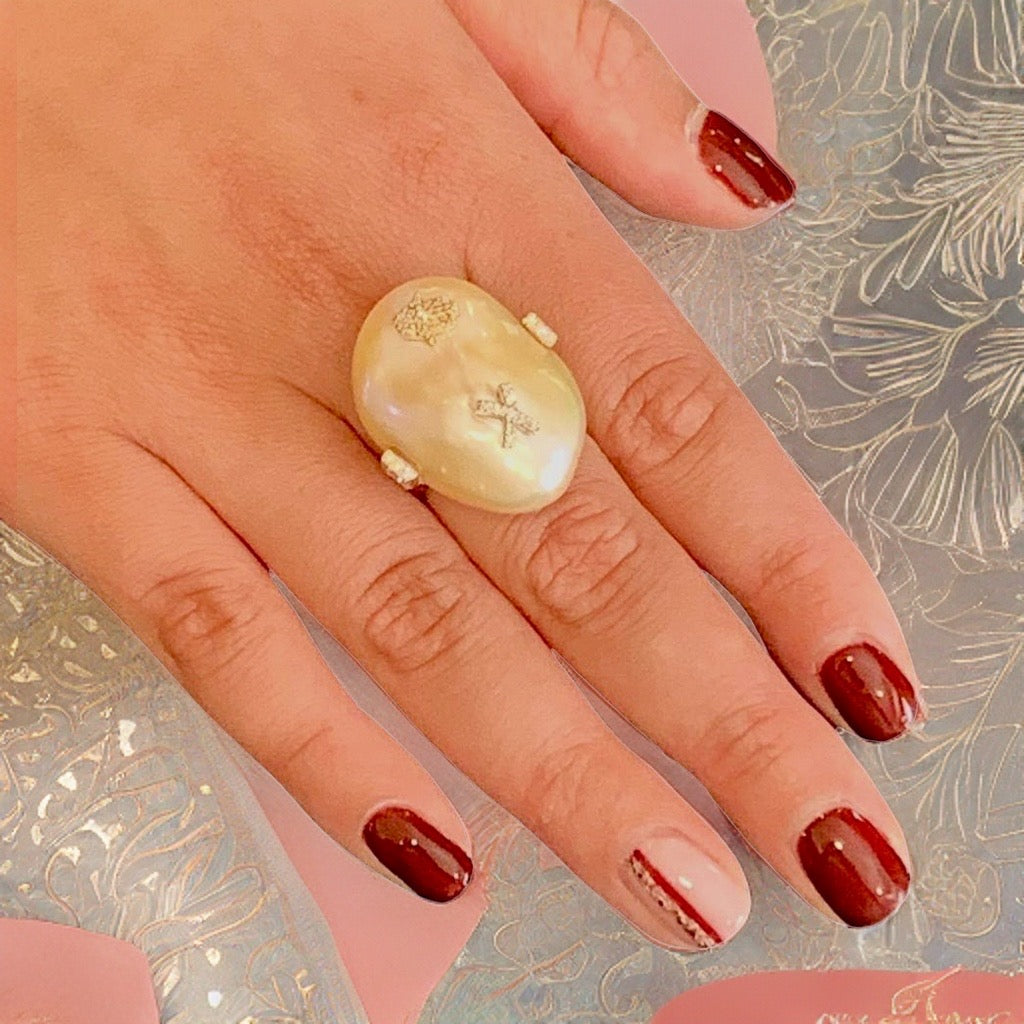 Diamond Freshwater Pearl Ring 14k Gold Baroque Women Certified $2,950 910803 - Certified Fine Jewelry