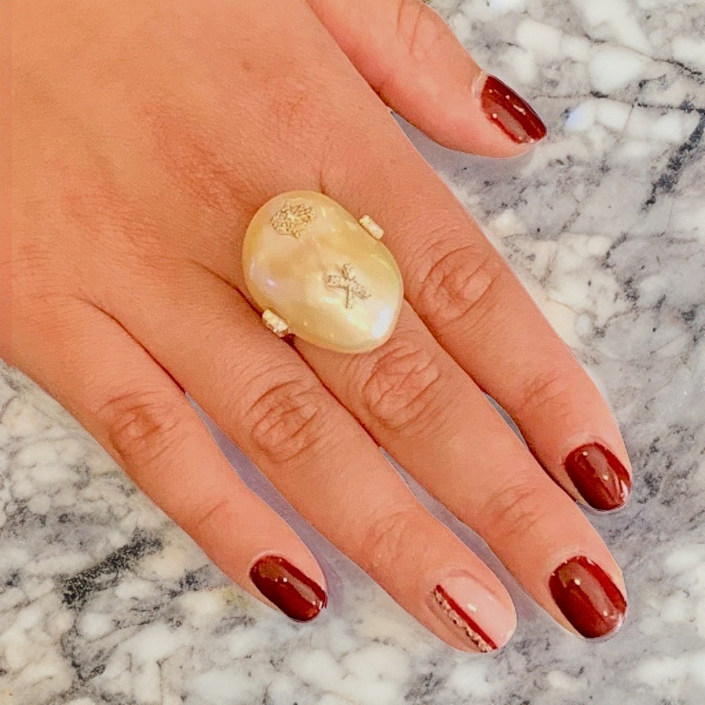 Diamond Freshwater Pearl Ring 14k Gold Baroque Women Certified $2,950 910803 - Certified Fine Jewelry